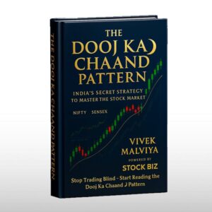 Book cover of "The Dooj Ka Chand Pattern" — a powerful trading guide by Stock Biz explaining profitable intraday, swing, and long-term investment strategies.