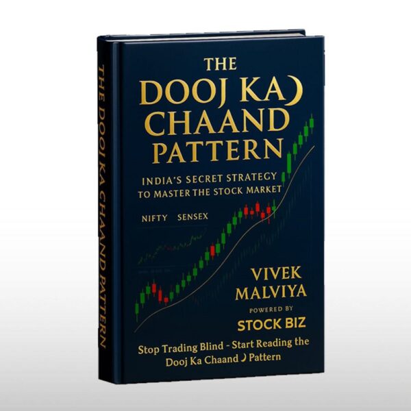 Book cover of "The Dooj Ka Chand Pattern" — a powerful trading guide by Stock Biz explaining profitable intraday, swing, and long-term investment strategies.