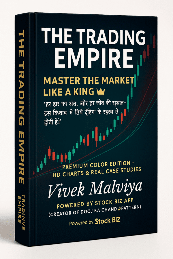 The Trading Empire – A premium full-color paperback stock market book by Vivek Malviya, covering A to Z of trading strategies, technical and fundamental analysis, Dooj ka Chand 🌙 pattern, and pro-level market insights. Ideal for beginners to advanced traders.”
